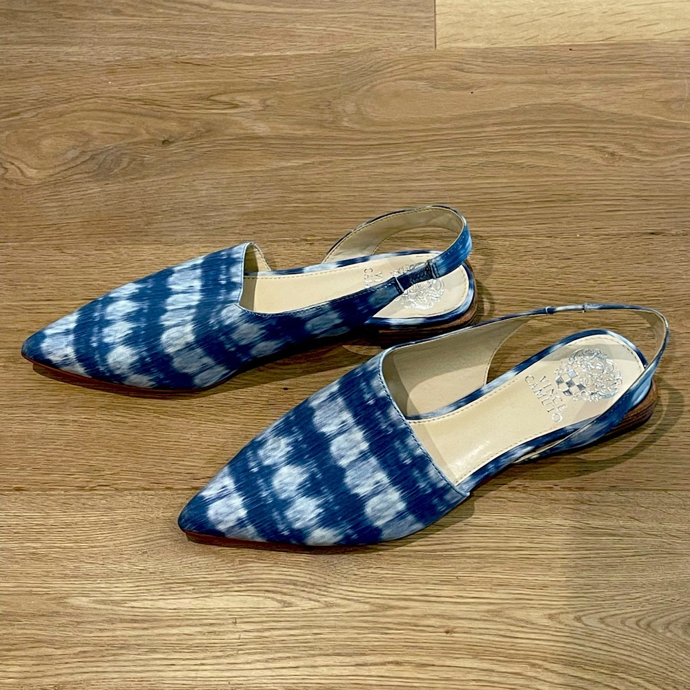 Vince Camuto blue tie dye sling back mule flats. 8M.